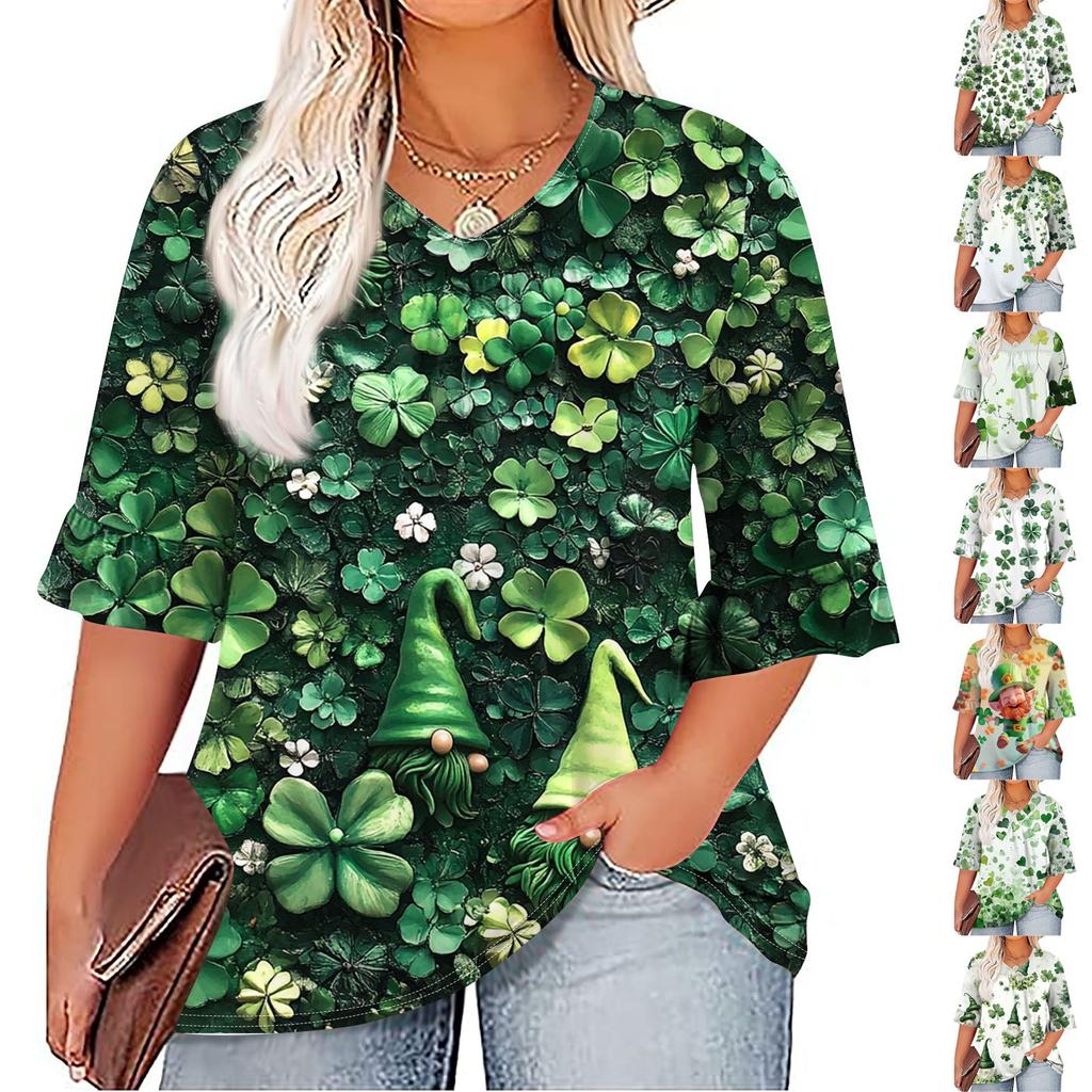 Women's Fashion Casual  Printed V-Neck Pleated Seven Minute Sleeve Ruffle Sleeve T-Shirt Plus Size Tops