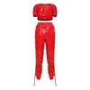 Completo Crop Top Lucido Impermeabile e Pantaloni Capri da Donna Manica Corta Vita Elastica Coulisse sui Lati delle Gambe per Allenamento Festa