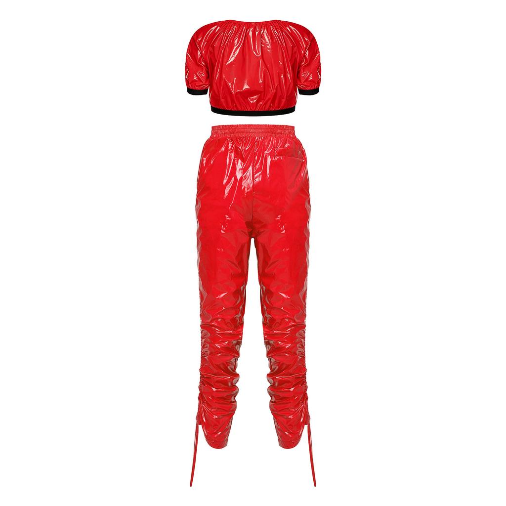 Completo Crop Top Lucido Impermeabile e Pantaloni Capri da Donna Manica Corta Vita Elastica Coulisse sui Lati delle Gambe per Allenamento Festa