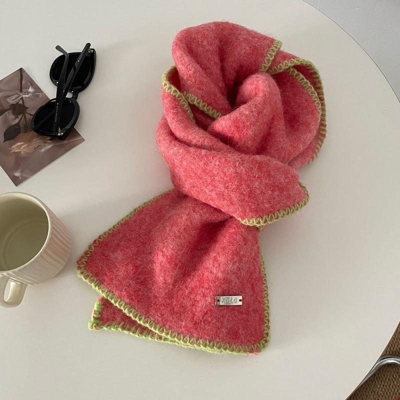 

Wool Trim Neck Scarf Women Yarn Korean Winter Color Block Warm Solid Neck Warmer