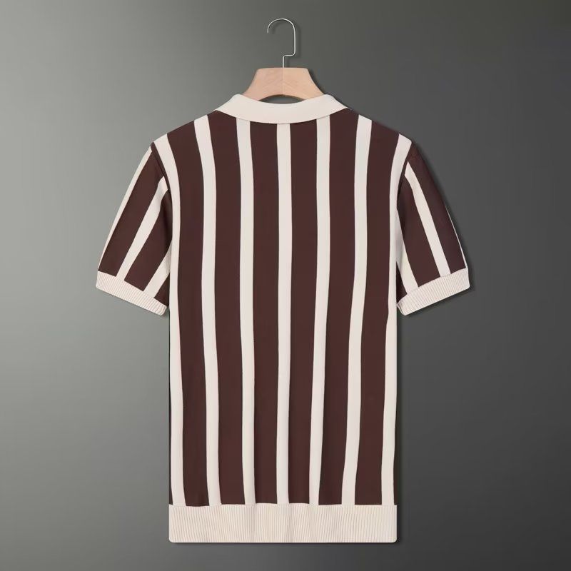 New Summer Minimalist Color Striped Casual Slim Fit British Retro Style Personalized Flip Collar Half Zip Knit Polo Shirt