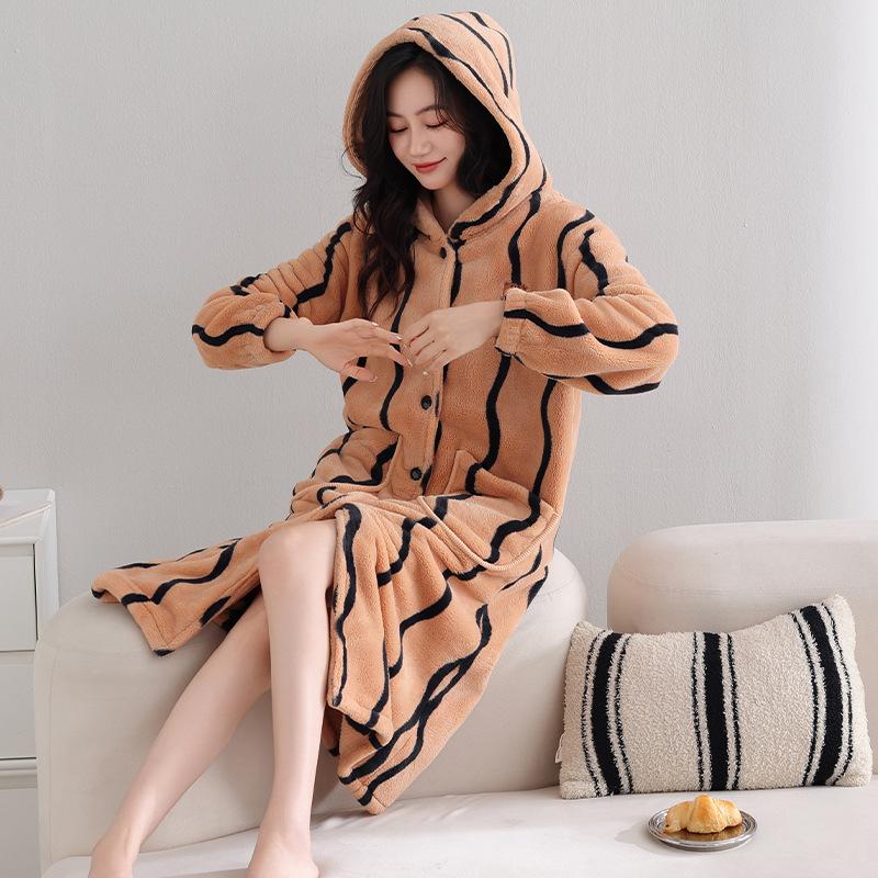 Coral Fleece Nightgown Women'S Autumn And Winter Pajamas Fleece Thickened Warm Coral Fleece Cardigan Hooded Bathrobe
