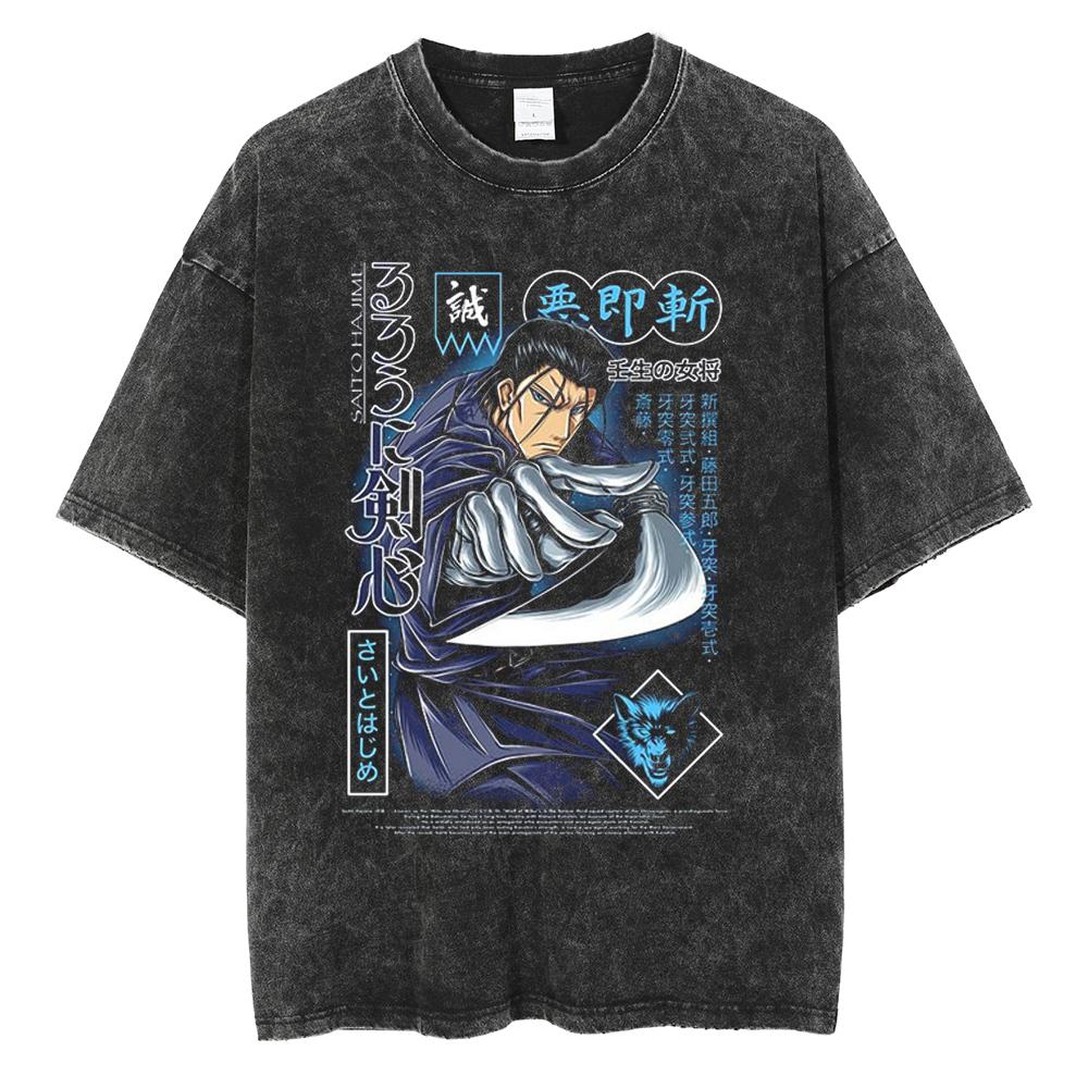 Harajuku Anime Rurouni Kenshin Himura Kenshin Print Tshirt Men Manga Oversized Tshirts Washed Cotton Tee Male Casual T Shirt