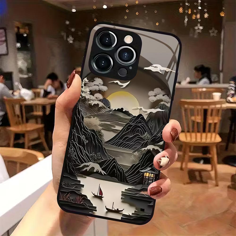 Tempered glass phone case with ancient architectural patterns suitable for iPhone 17 16 15 14 13 12 11 Pro/Max/Plus anti drop