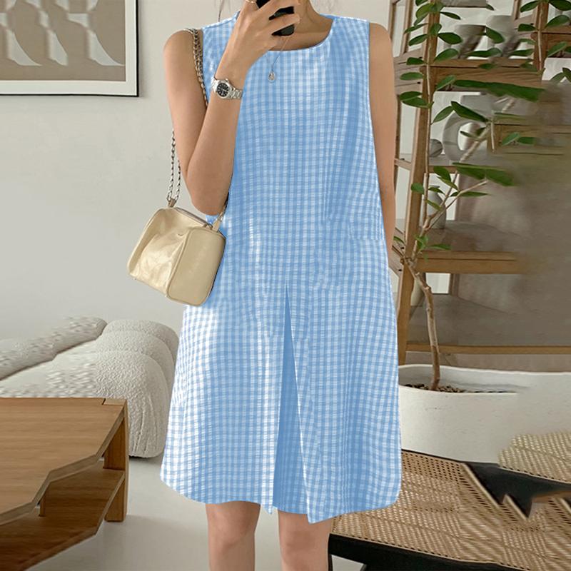 ZANZEA Women Casual Round Neck Grid Print Sleeveless Dress
