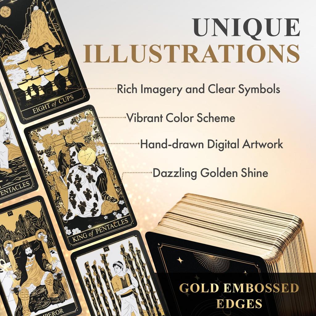 Wyspell Classic Tarot Deck with Guidebook 78 Gold Tarot Cards for Beginners Tarot Deck Set Black Tarot Decks with Guidebook Original Tarot Cards Deck