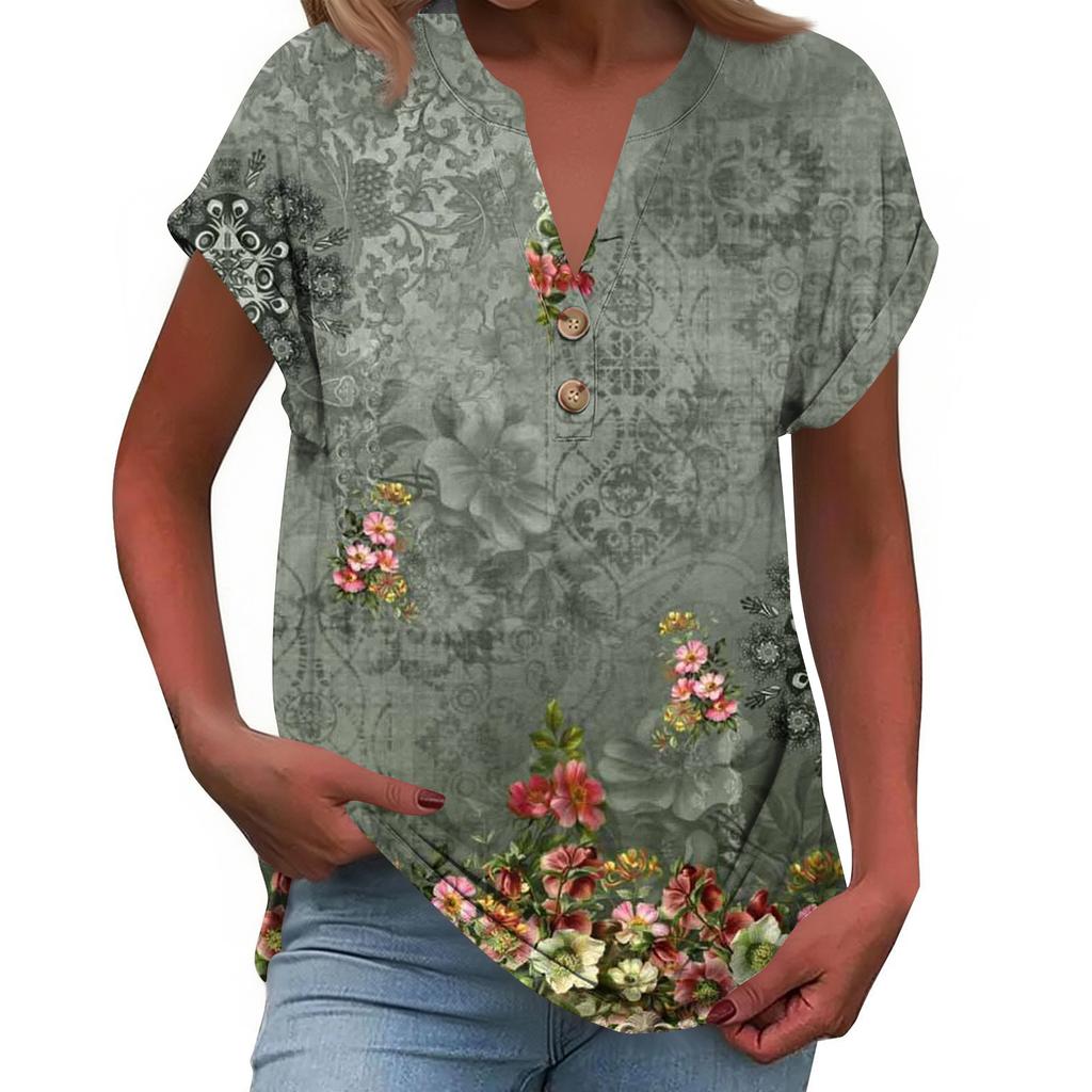 Women's Fashionable Casual Loose-Fit Short-Sleeved Button-Up V-Neck Printed T-Shirt Top
