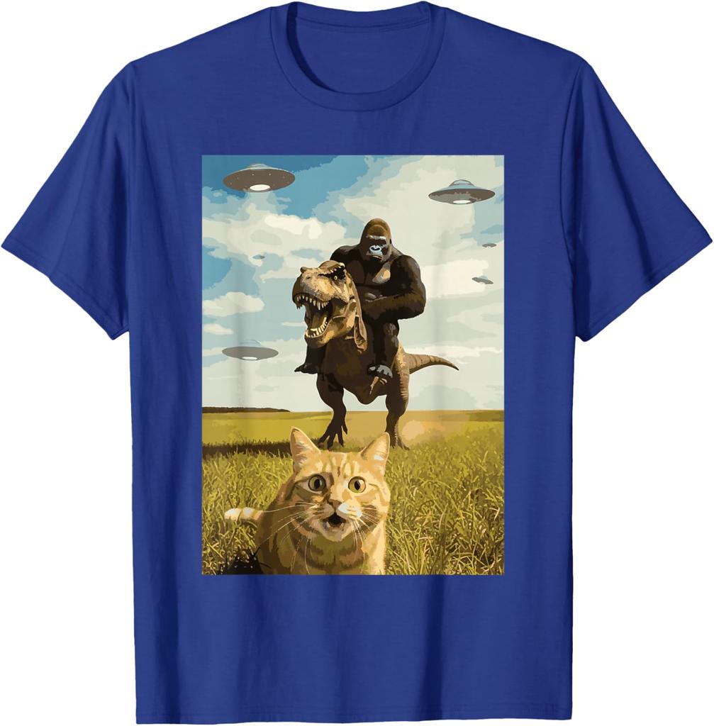 Gorilla Riding T Rex with Cat UFO Meme Graphic Tee Funny Casual Crewneck TShirt for Men