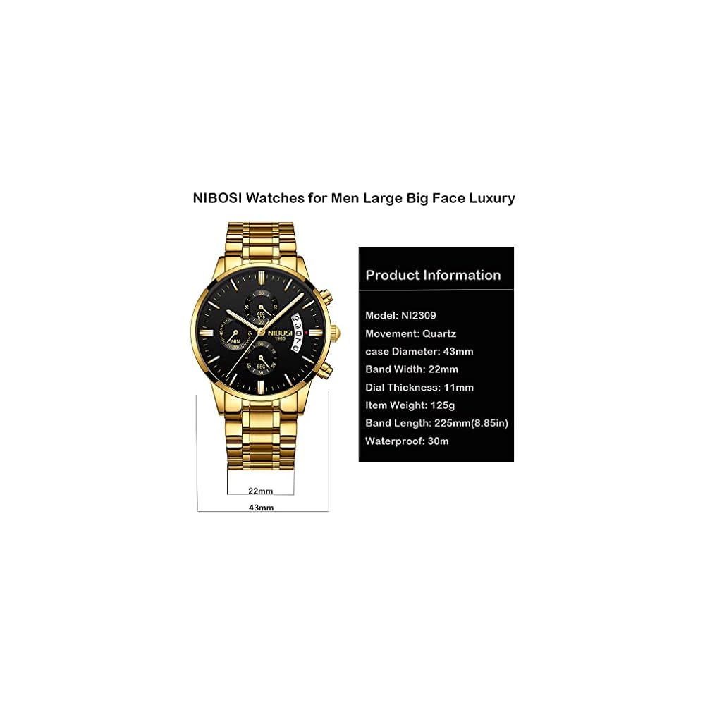 NIBOSI Men's Business Chronograph Watch Big Face Analog Black Stainless Steel Metal Band