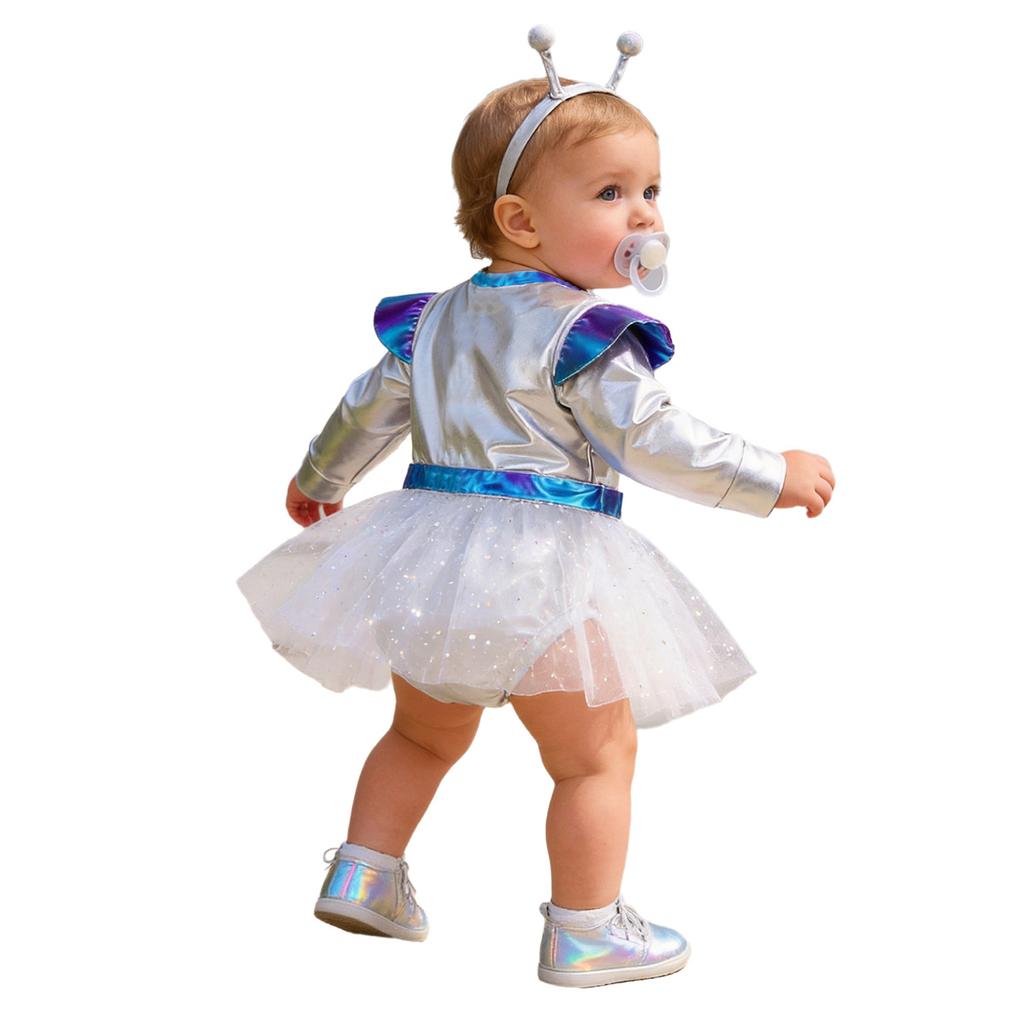 Dívčí Cosplay Šaty Mimozemšťan Dlouhý Rukáv Zapínání na Knoflíky v Rozkroku Flitrovaný Tyl Metalické Barevné Bloky s Čelenkou pro Tematickou Párty