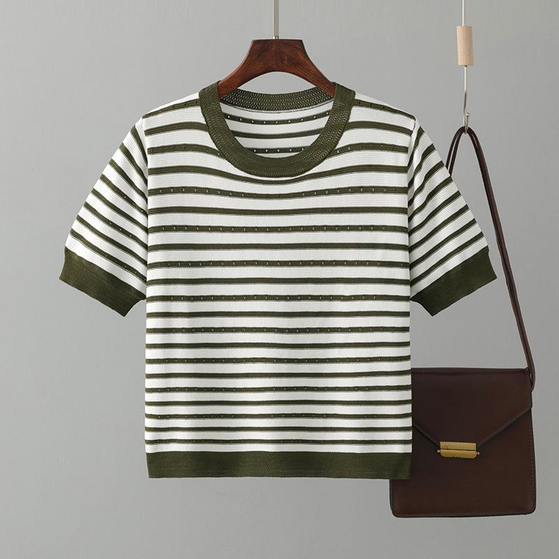 Women Round Neck Streak Short Sleeve Loose T-shirt Summer Trendy Style Comfortable Casual T-shirt Knitted Ice Silk T-shirt