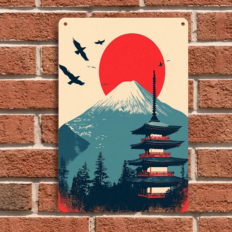 1 piece of Japanese Ukiyo-e style five-story pagoda of Mount Fuji tin plaque, Japanese Zen-style home decoration painting