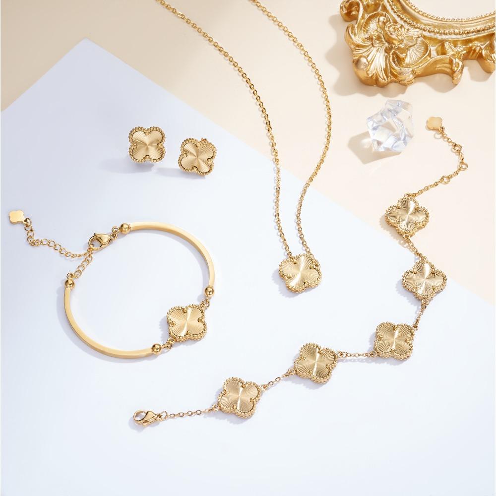 Four-leaf Clover Jewelry Set Titanium Steel Laser-engraved Bracelet Necklace and Earrings 18K