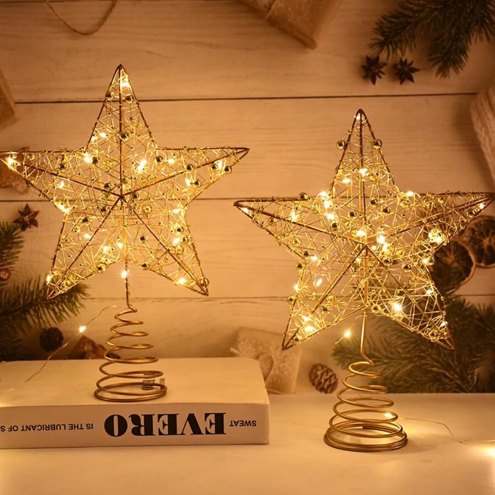 Gold Iron Xmas Tree Ornaments Pearl Wire LED Glowing Star Lamp New Home Decoration Party Decor