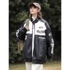 Vintage Motorcycle Racing Jacket PU Leather Biker Coat Stand Collar Black White Contrast Unisex Streetwear Outerwear