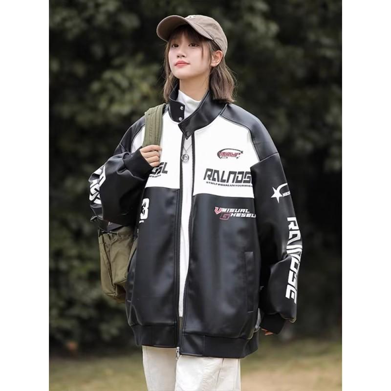 Vintage Motorcycle Racing Jacket PU Leather Biker Coat Stand Collar Black White Contrast Unisex Streetwear Outerwear