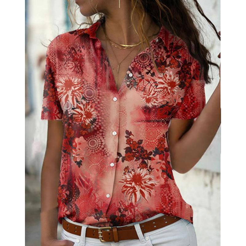 

Летние новые повседневные свободные блузки с коротким рукавом с принтом, женские облегающие топы, модные рубашки больших размеров для женщин, винтажная женская рубашка с пуговицами и лацканами 26619 S оранжевый