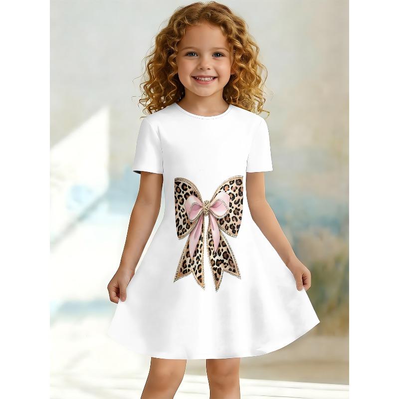 Little Kids 3 Styles Pink Floral Glitter Heart Butterfly Daisy Print Round Neck Short Sleeve A-Line Summer Flared Swing Dress