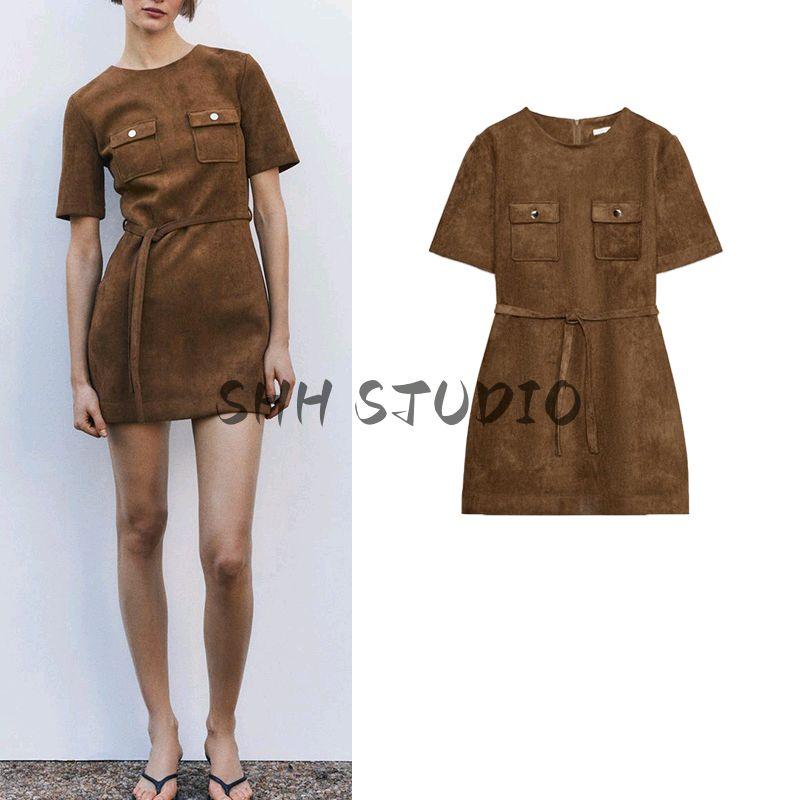 Women's Spring Clothing Fashion Style round Neck Short Sleeve with Belt Suede Texture Effect Dress 4344157