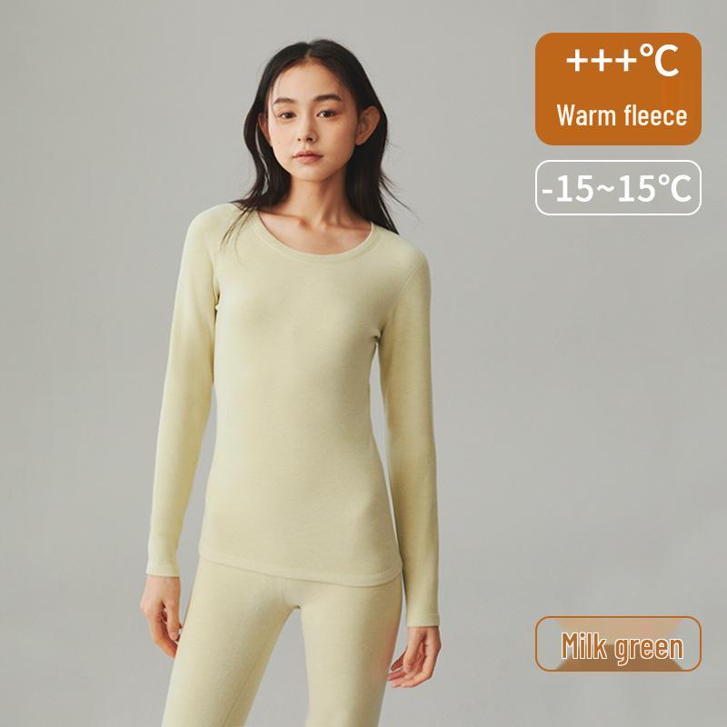 Women's Thickened Fleece Lined Slim Fit Round Neck Warm Underwear Set for Autumn and Winter