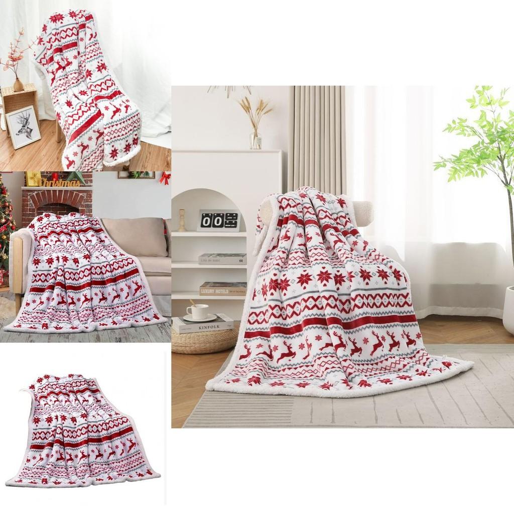 Double Layer Christmas Plush Blanket With Reindeer And Snowflake Print For All Seasons