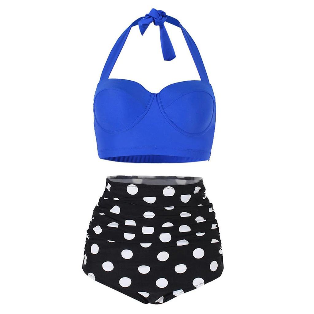 Women's Two Piece Swimsuit Halter Neck Top with High Waist Polka Dot Print Bottom Summer Beachwear Bathing Suit Set