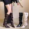 European & American Style Slouchy Pointed Toe Belted Slimming Stiletto Long Boots