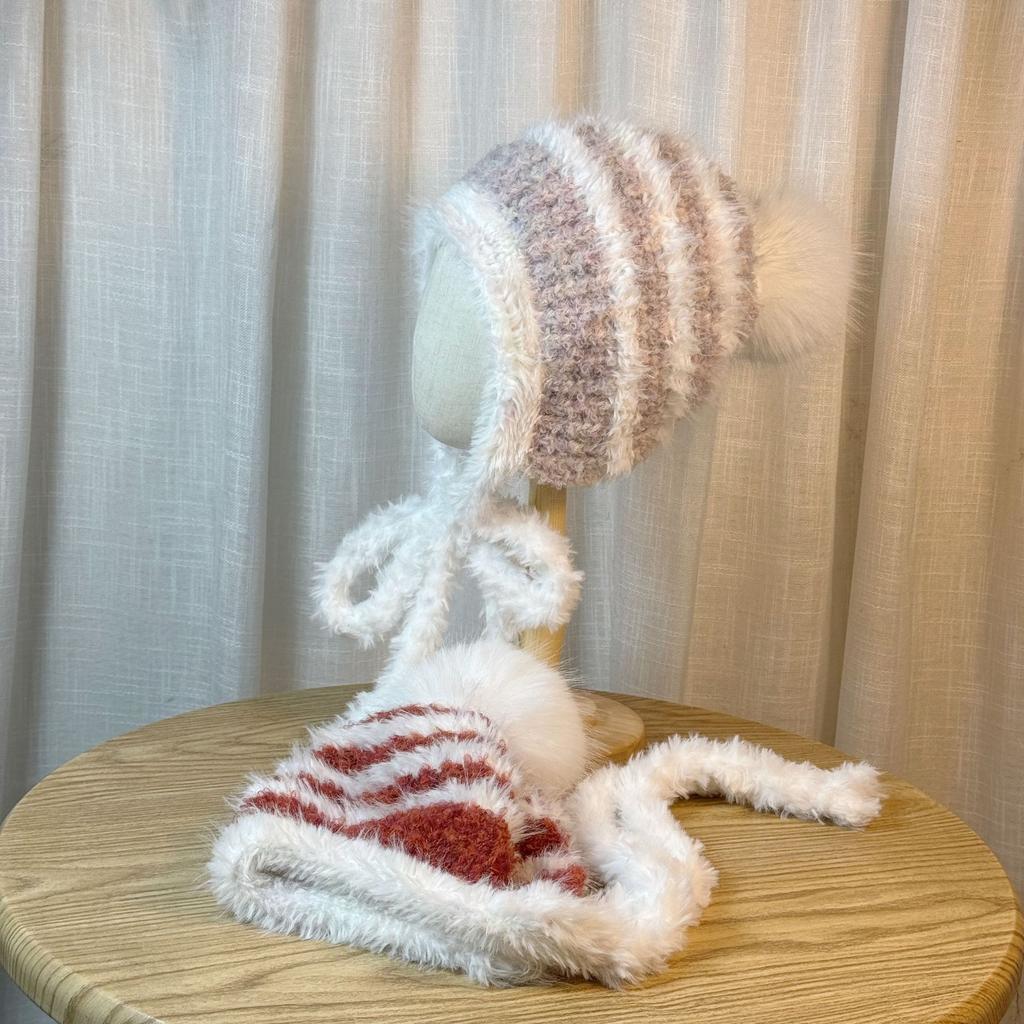 Plush Hat for Women in Autumn and Winter Thickened Warm Ear Protection Hat with Straps Versatile Cold Proof Lei Feng Hat