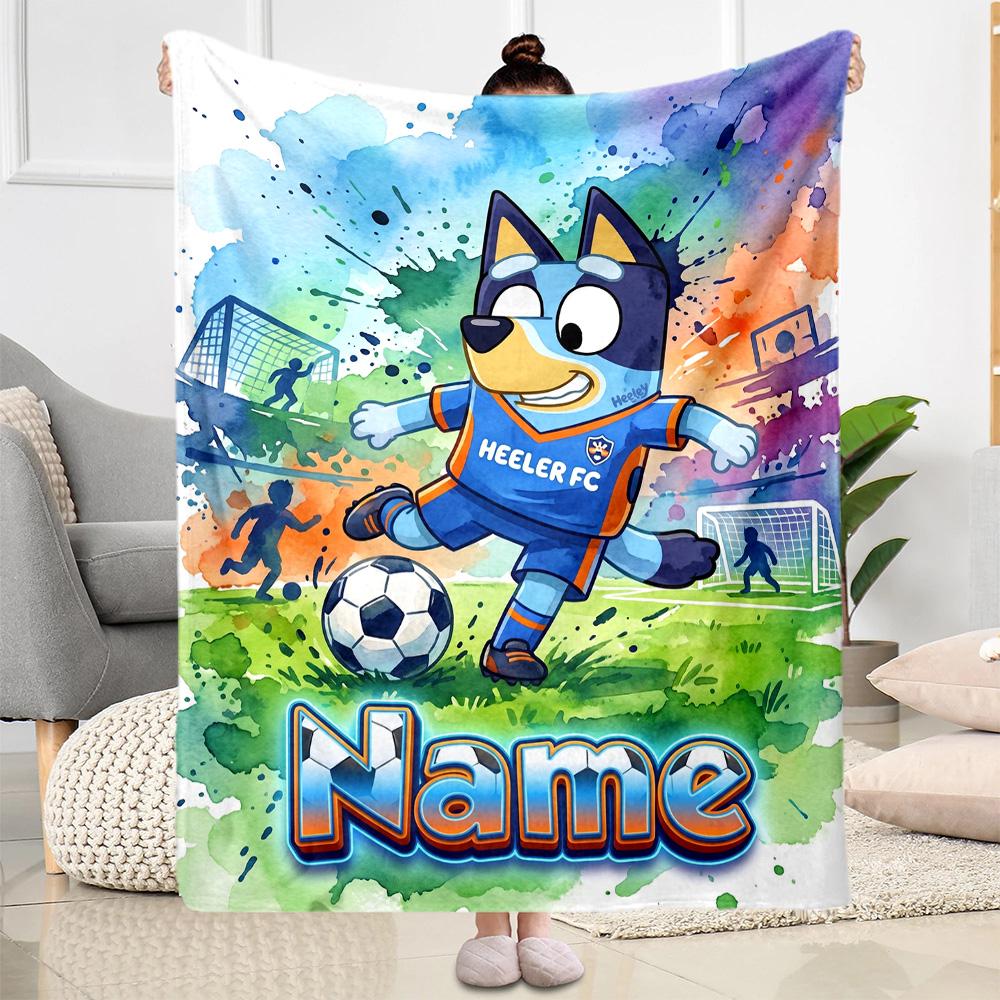 Bluey's Soccer Fun Personalized Name Blanket Cozy Customizable Blanket Ultra-Soft Versatile for Home Decor Chair Office Livingroom for All Occasions