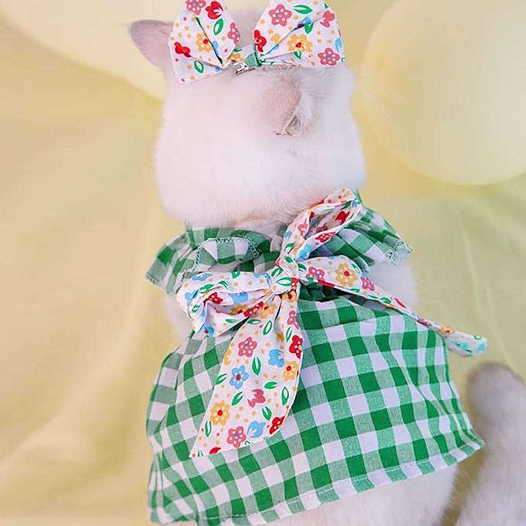 Pet Dress With Plaid Print Washable Pet Clothing 1 Set Pet Dress Bow Decor Ruffled Sleeves Dog Plaid Dress Summer Dress With Headdress Pet Supplies