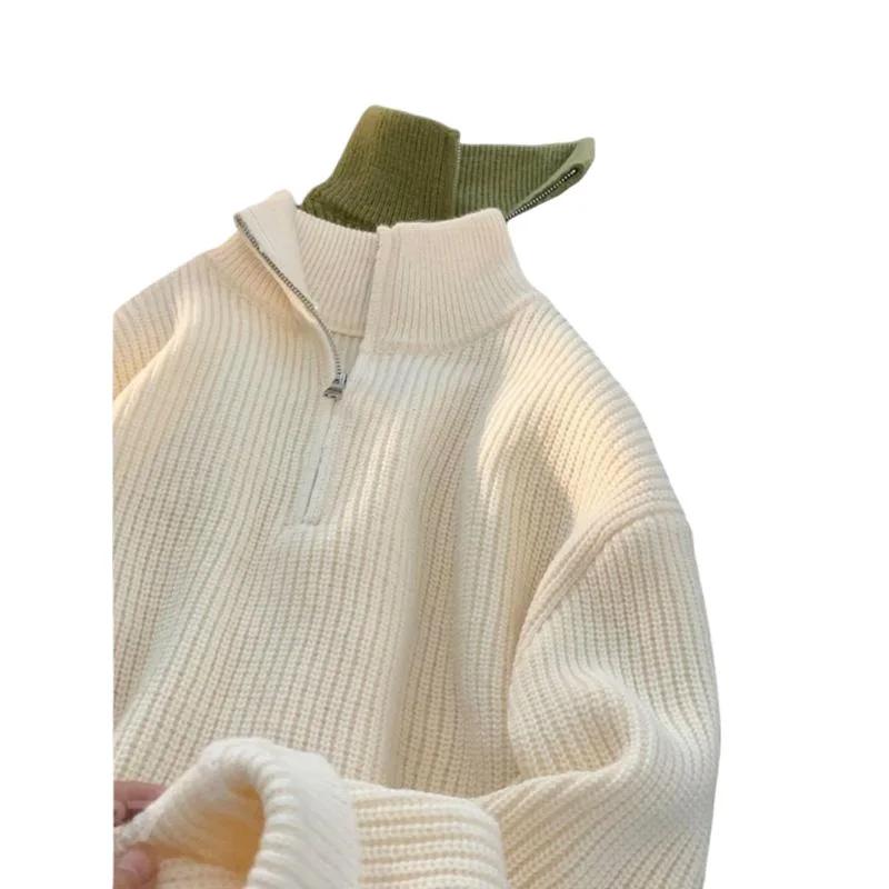 Men's Half-Zip Korean Style Loose Fit Knitted Sweater Solid Color Pullover Top Casual Scene