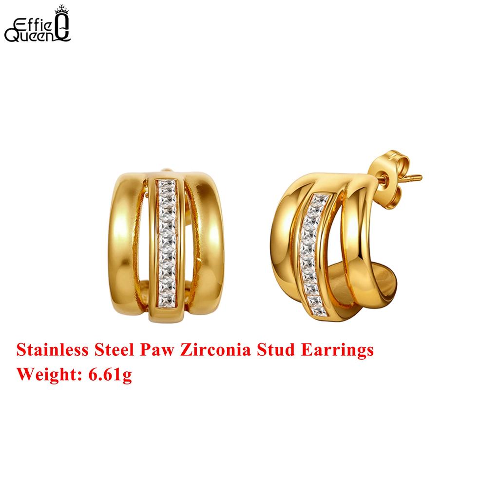 Effie Queen Stainless Steel 18k Gold Paw Shaped Zirconia Stud Earrings Cute Jewelry for Women Vacation Birthdays Gift STKE27