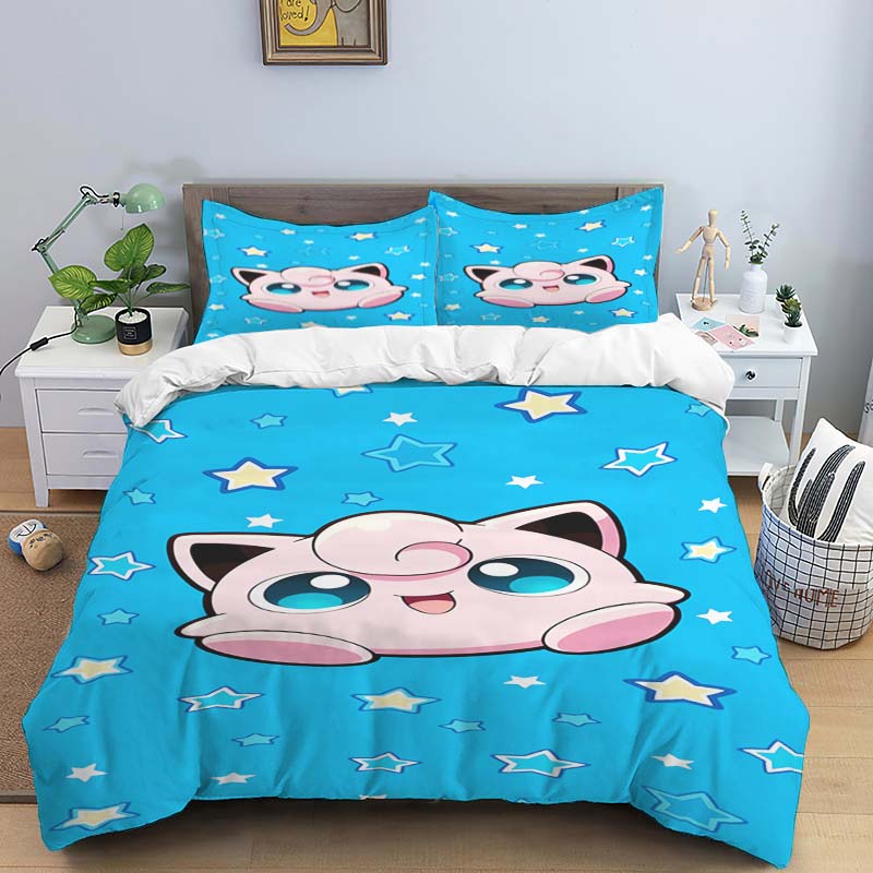 New Pokémon Jigglypuff print three-piece bedding set, including 1 duvet cover and 2 pillowcases, suitable for adults and childre