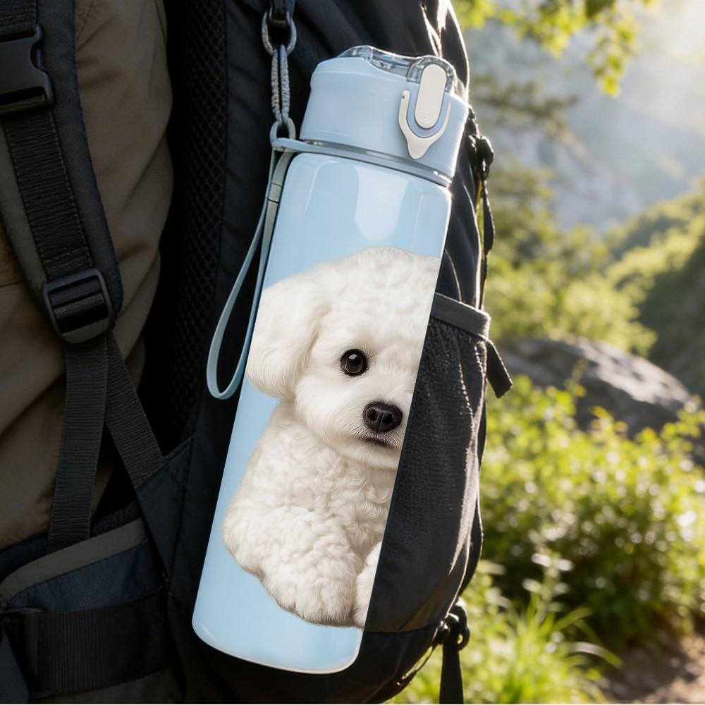 1PC Round Faced White Puppy 750ml Color Plastic Sports Water Bottle Leakproof Flip Straw Lid Suitable for Sports Office Home Use