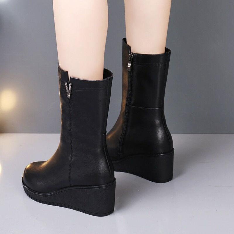 Fashion Black Rhinestone Leather Middle Heel Mid Calf Shoes Woman Autumn Winter Fleece-Lined Fashion 2025 Hot Half High Boots for Women
