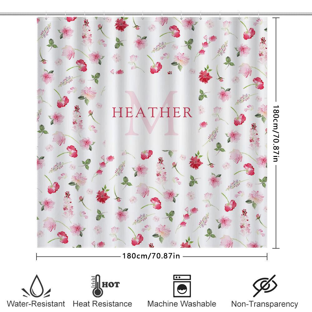 Bath Shower Curtain Name Initials Printed With Delicate Floral Pattern In Pink White For Bathroom Decora