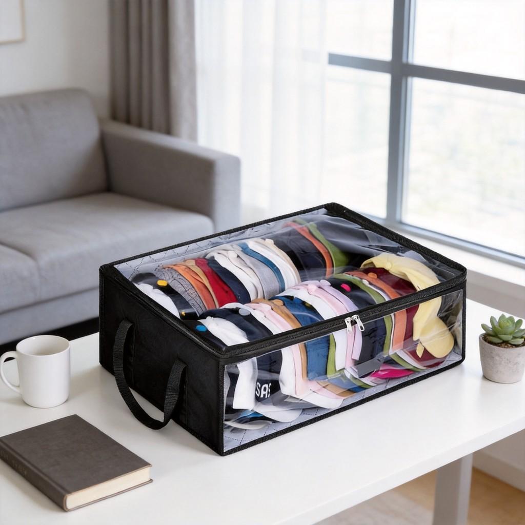 Clothing Storage Box With Clear Lid And Foldable Design For Bedroom And Closet Organization