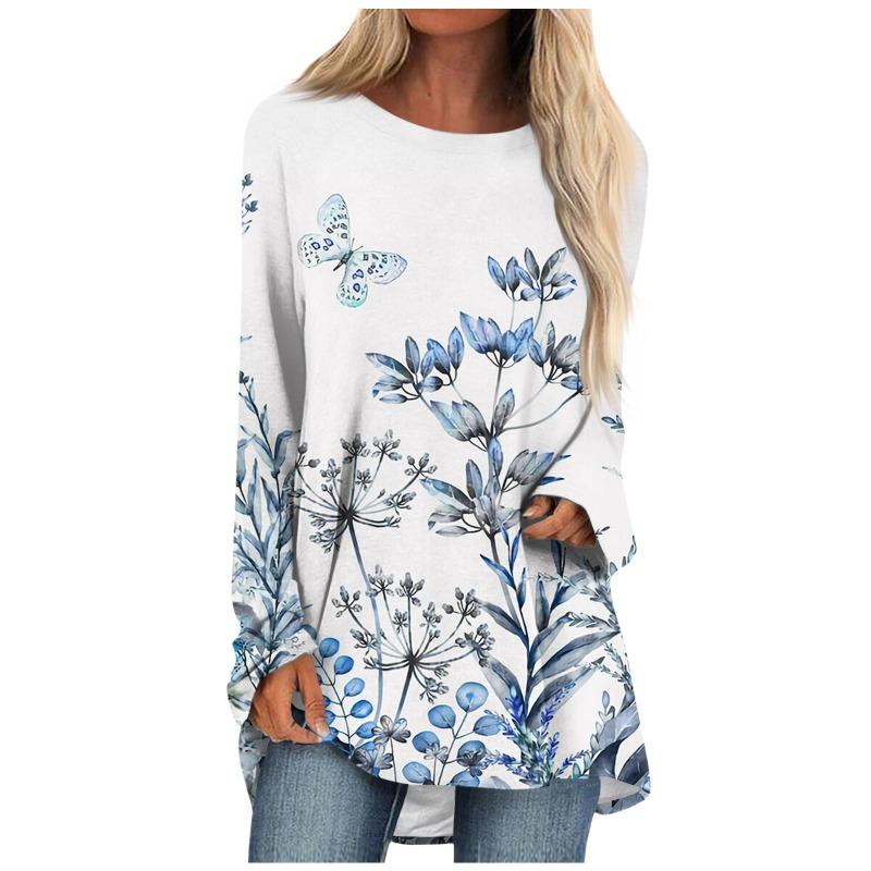 Damen Casual Mode Floral Print Langarm O-Ausschnitt Pullover Top Bluse T-Shirts Damen