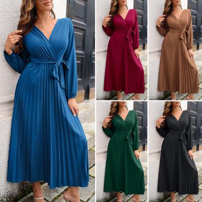 Cross V-neck Lantern Long Sleeve Waist Strap A-Line Autumn Dress Simple Pure