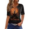 Women's Casual Halloween Printed V Neck Short Sleeve Button Front T Shirt Top for Everyday Wear Seasonal Themed Tee