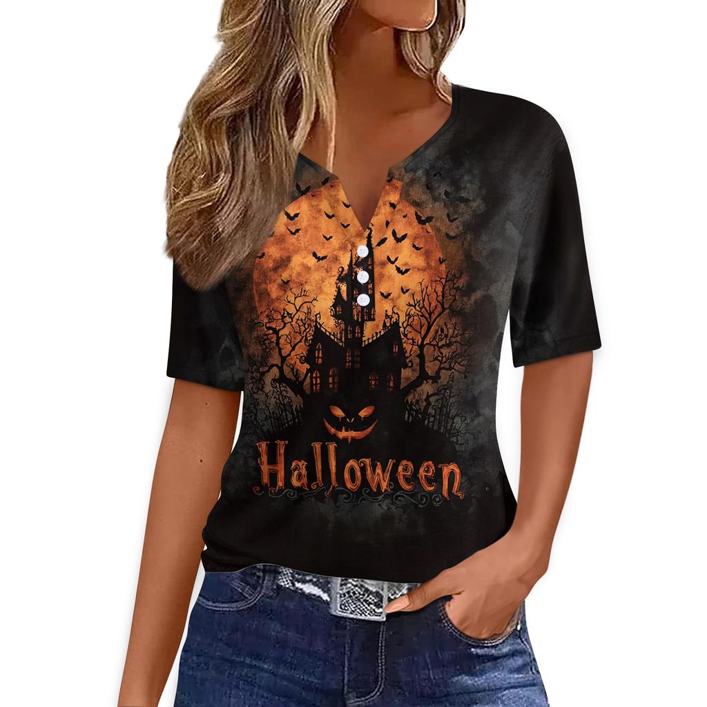 Women's Casual Halloween Printed V Neck Short Sleeve Button Front T Shirt Top for Everyday Wear Seasonal Themed Tee