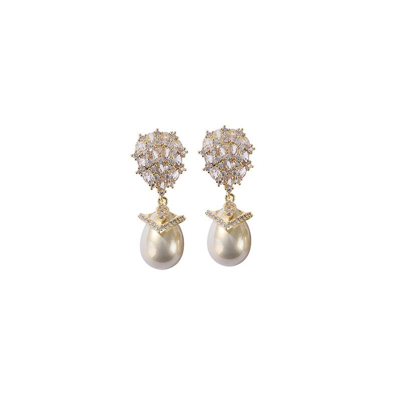 Yujie Hong Kong Style Real Gold Electroplated Copper Inlaid Zircon Earrings Women s High-end Imitation Bead Water Drop Pearl Stud Earrings золотой