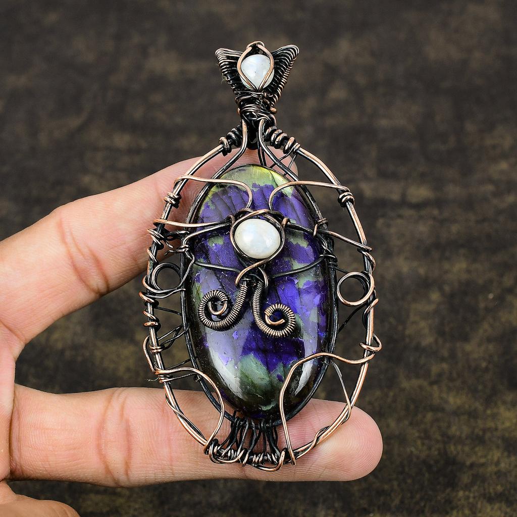Blue Labradorite, Moonstone Copper Wire Wrap Jewelry Pendant 3.78" p0u07