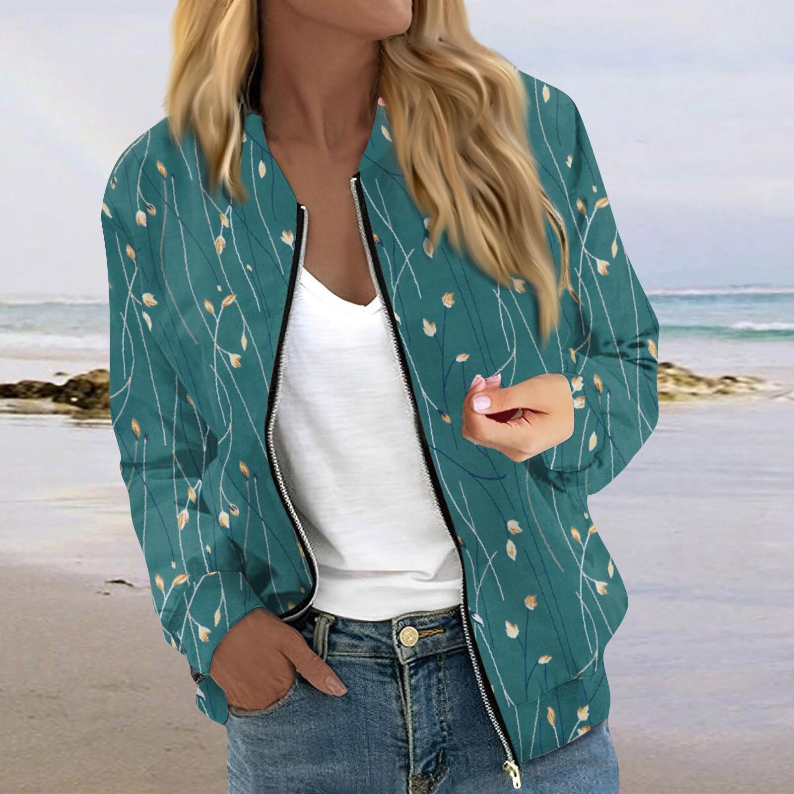 

Жіночі куртки з довгими рукавами, легкі, укорочені модні верхній одяг із принтом, повсякденні стьобані куртки з кишенями L ціан