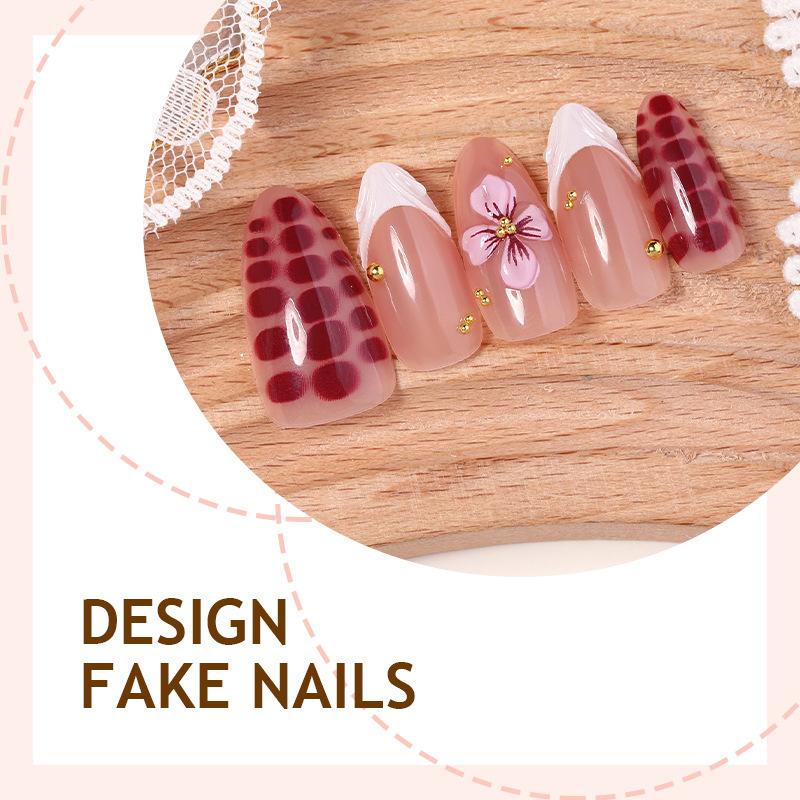 30pcs Almond-Shaped 3D Fake Nails, Floral Nail Art Design Press On Nails, Steel Ball Decor Acrylic Nail Kit, French Manicure For Women Nail Supplies