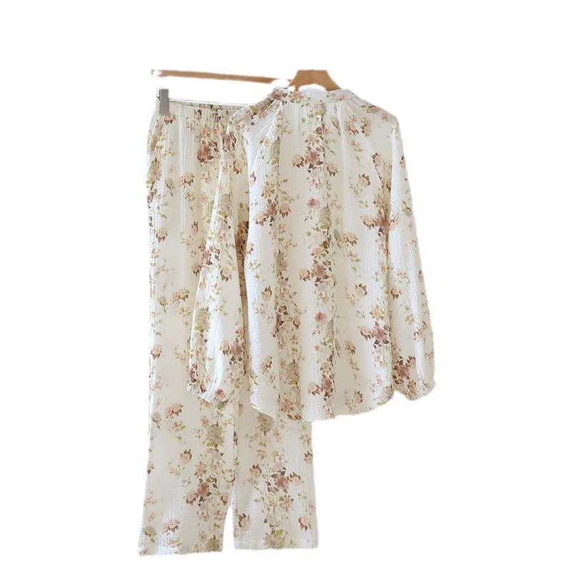 Spring / Autumn Cotton Gauze Pajamas Women's Stand-up Collar Long Sleeves Trousers Loungewear Set Loose  Pijamas