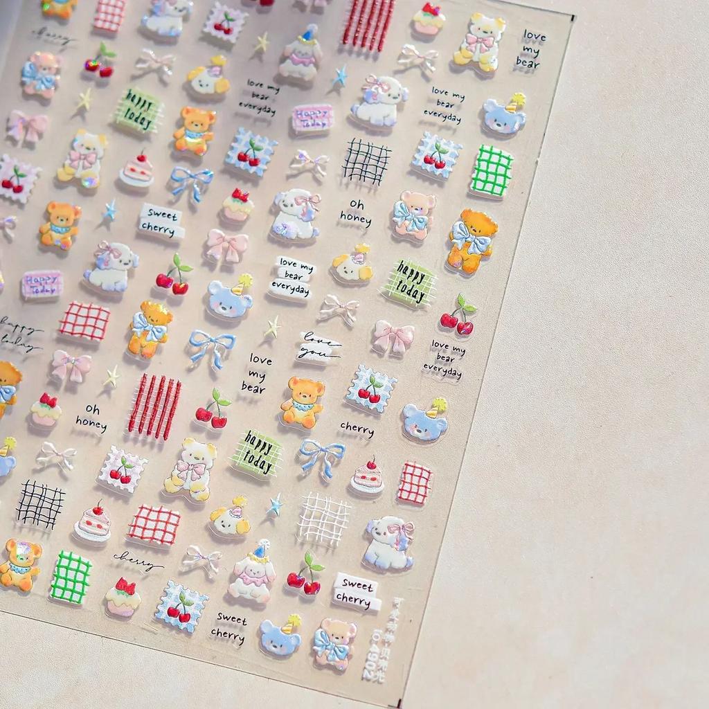 5D Pudding Jelly Dessert Fruit Cherry Pink Claw Print Bowknot Tie Knot Love Heart Stars Nail Art Sticker Adhesive Manicure Decal