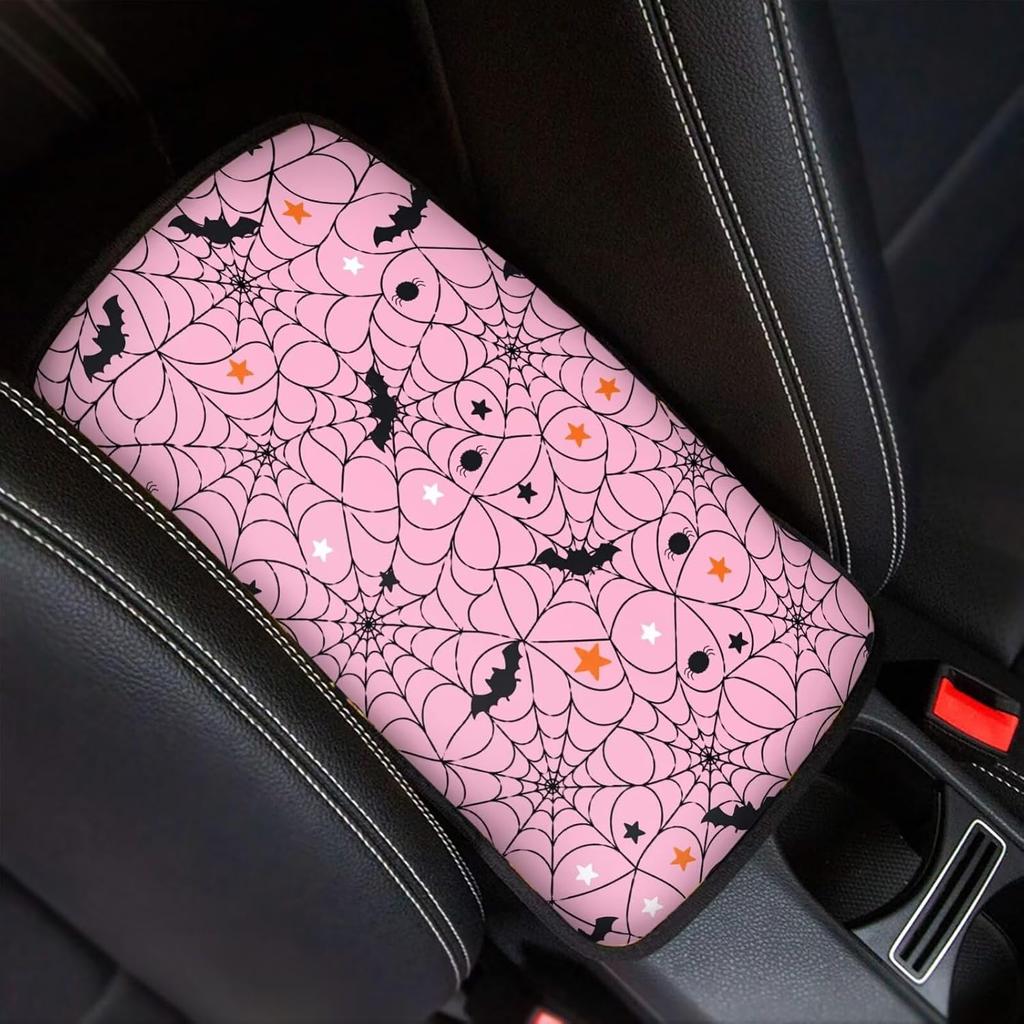 Dreaweet Stylish Spider Web Printed Black Car Center Console Armrest Cushion Cover Pad Soft Car Armrest Seat Box Cover Protector Auto Car Interior