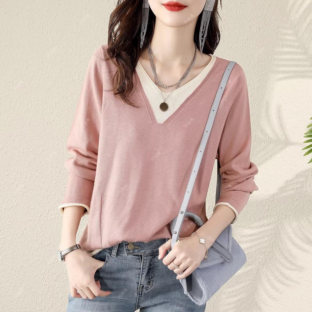 Damen Temperament Kollision Locker V-Ausschnitt Unterziehshirt Frühling und Herbst Langarm Strickshirt