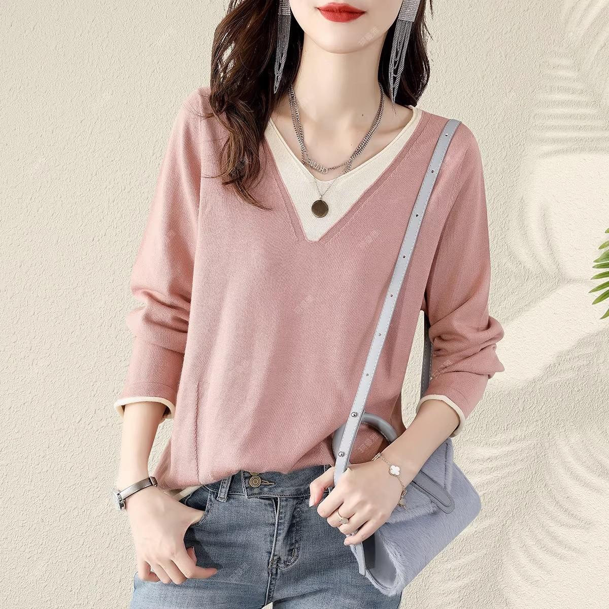 

Женская свободная нижняя рубашка с v-образным вырезом Temperament Collision, весенне-осенняя вязаная рубашка с длинными рукавами One Size светло-розовый